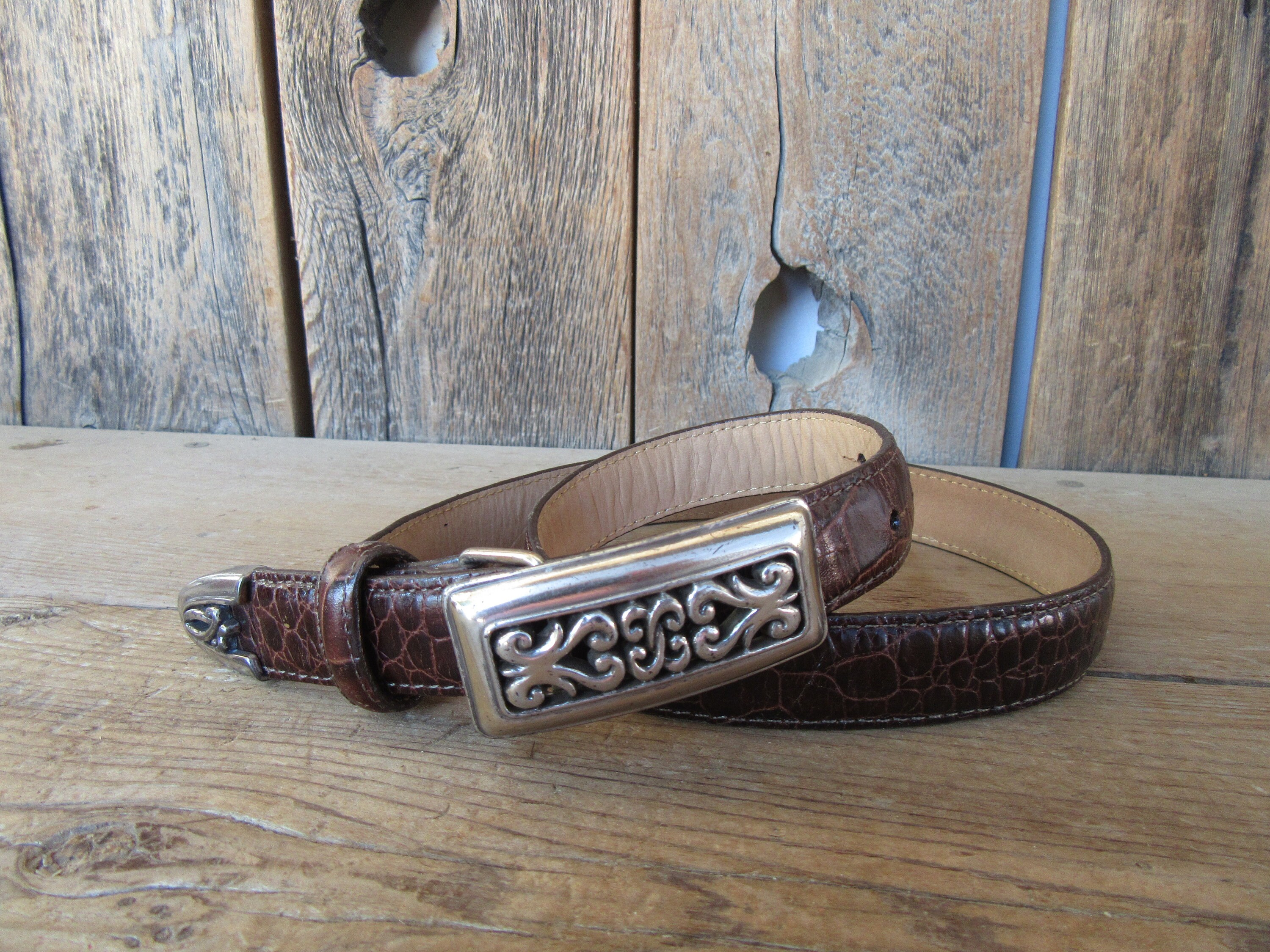 1990s Croco Brown Leather Brighton Belt | Ornate Buckle Moc  display picture 3
