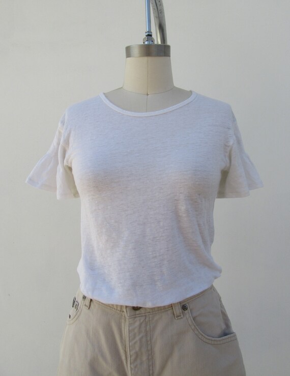 90s Ruffle Sleeve White Linen Jersey Tee Shirt | … - image 2