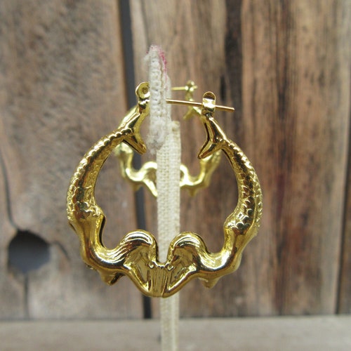 90s Earrings | Gold Tone Engraved Hoop Earrings | Medium Hollow