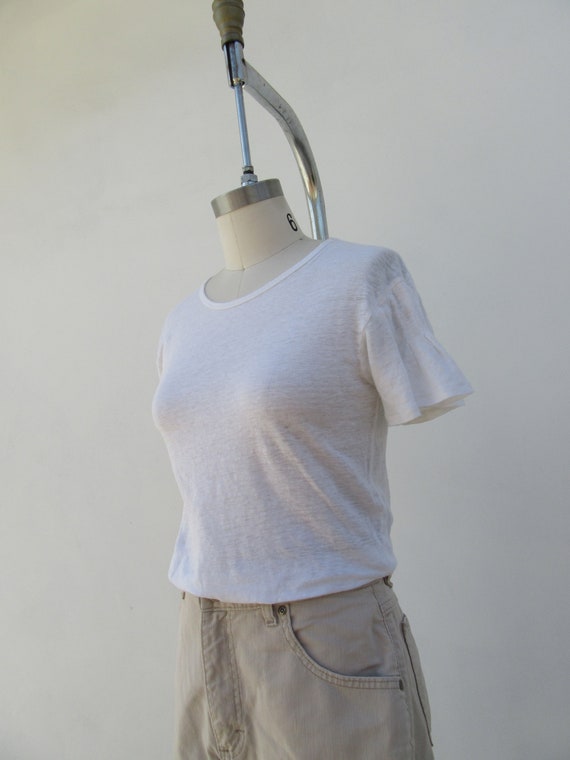 90s Ruffle Sleeve White Linen Jersey Tee Shirt | … - image 6