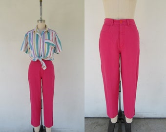 80s High Waist Fuchsia Five Pocket Jeans Trousers | Tapered High Rise Pedal Pushers | Cigarette Pants | 24 Waist | Petite