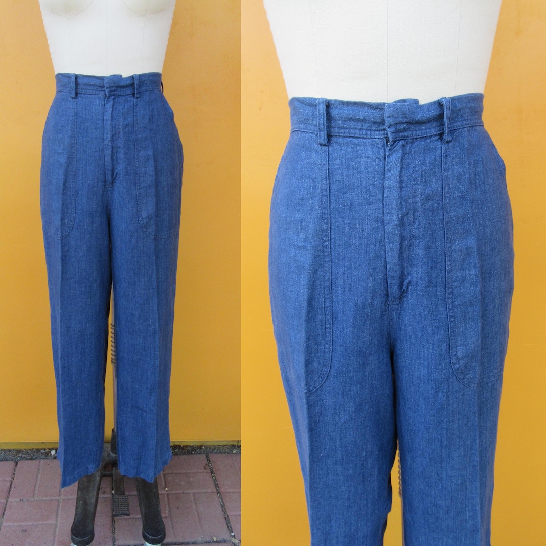 【MODERNIF】Sello Linen Wide Denim Pants 80s 90s High Waist Flared Sailor Jeans | Linen Blue Jean