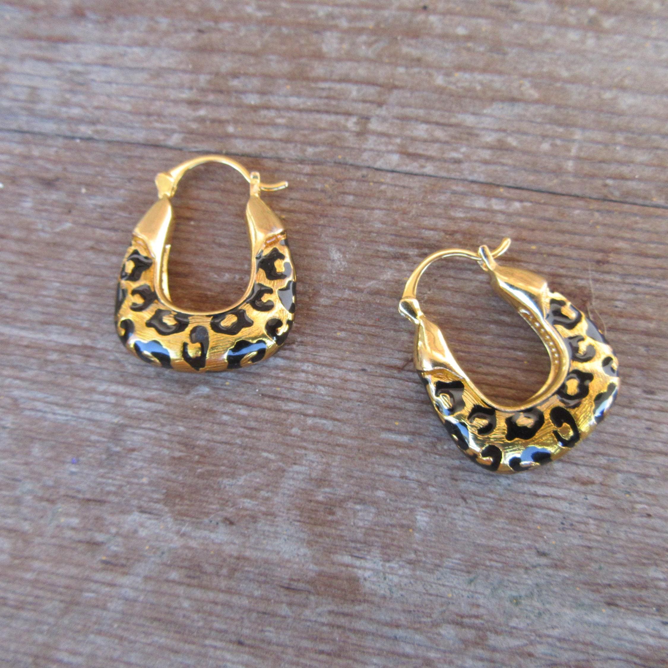 Leopard Print Gold Trim Vintage Round Pierced Earrings Amazon.com: Leopard Print Large Hoop Earrings for Women 14K  main image 3