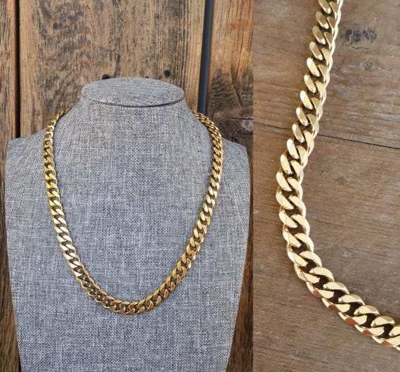90s Gold Tone Thick Heavy Curb Chain Statement Necklace | Chunky