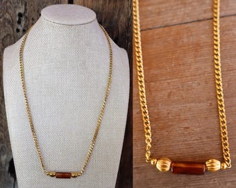 90s Gold Tone and Brown Resin Geo Beaded Chain Necklace