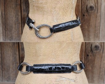Brighton Black Leather Silver Large Chain Loop Belt Size 34 Belt. Brighton Black Leather w/Silver Designs. 34 main image 2