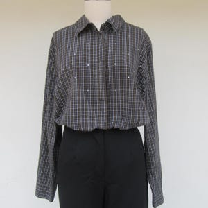 90s Y2K 100% Checkered Rhinestone Button Front Long Sleeve Blouse | Button Down Shirt  | Plaid Button Up Top | Large