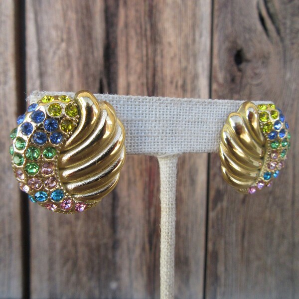 90s Gold Tone Earrings | Scalloped Bejeweled Oval Geo Geometric Earrings | Fluted Swirl Chunky Modernist Large Oval Statement Earrings