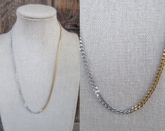 90s Mixed Metal Silver and Gold Tone Chain Necklace | Two tone Chain Necklace 17-3/4"