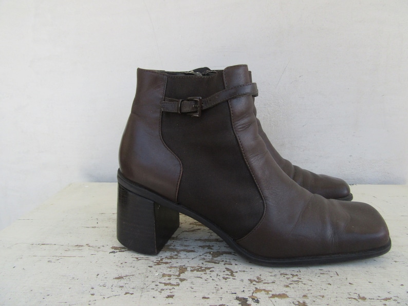 90s Square Heel Dark Brown Leather Boots Minimal Brown Leather Ankle Boots 8.5 EURO 39 1990s Minimalist Block Heel Square Toe Boots