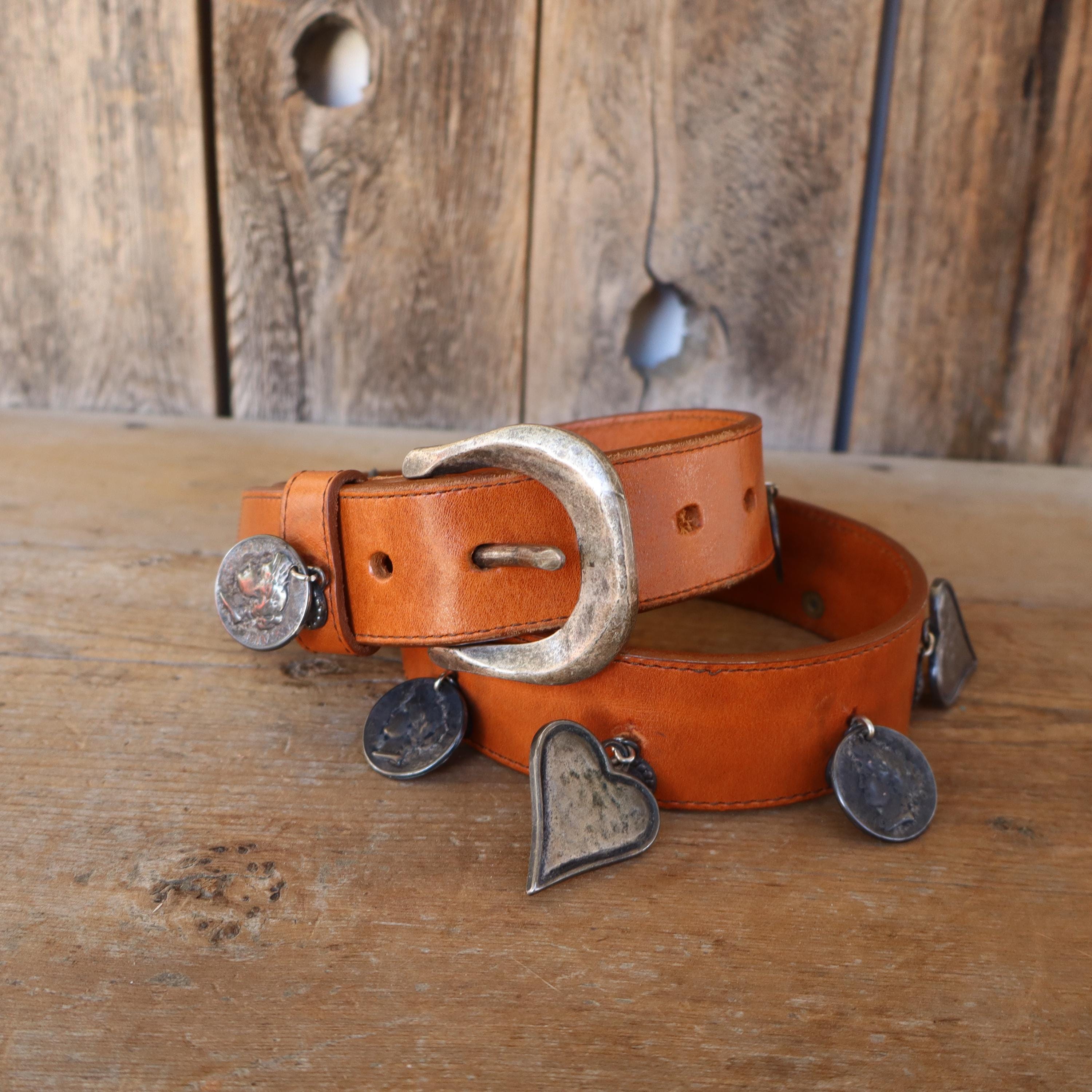 80s 90s Whiskey Brown Leather Dangling Charm Belt | Heart Coin