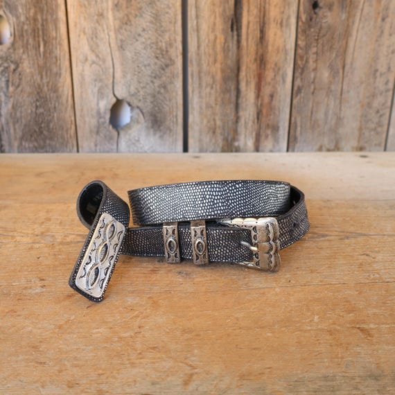 Leatherock Black Belt with Textured Silver Buckle 90s LEATHEROCK Silver and Black Snake Print Leather Ranger  main image 3