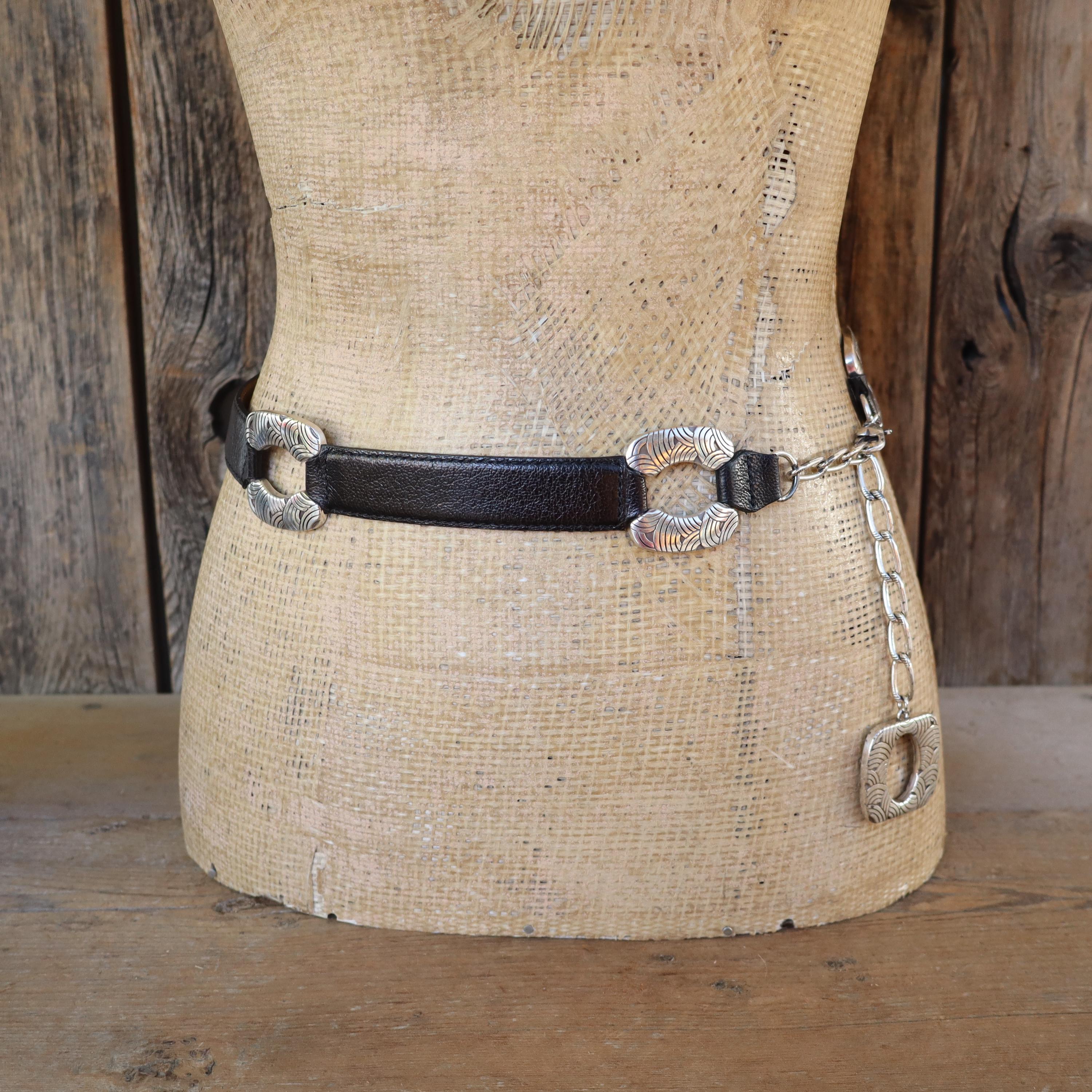 90s Brighton Black Leather and Chain Belt | Silver Tone Ring  display picture 3