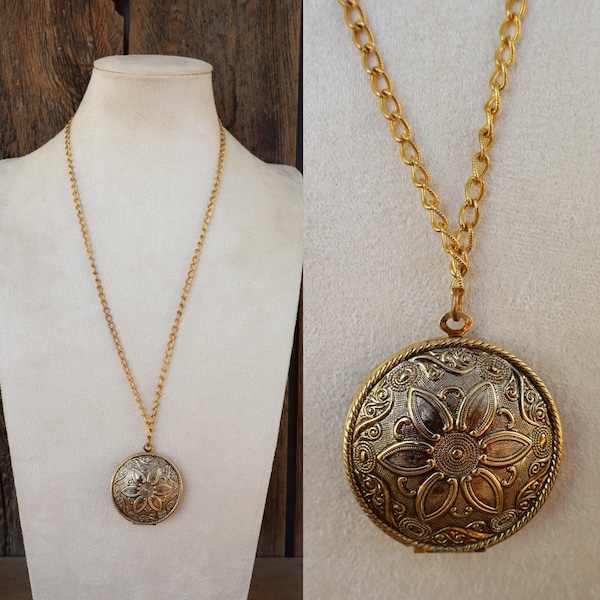 70s 80s Gold Tone Chunky Large Round Ornate Locket MOd Chain Necklace