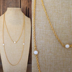 70s Long Gold Tone Layering Chain Statement Necklace | White Bead Gold Chain Mod 54&quot; Necklace | MCM Mid Century Mod Gold Tone Chain Necklace