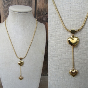 90s Y2K Gold Tone Snake Chain Heart Necklace | Modernist Heart Pendant | Heart on a String Novelty Necklace