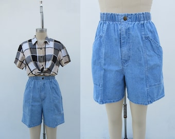 80er 90er Jahre High Plissee Denim Mom Shorts | High Rise Jeans Shorts | 80er High Waist Plissee Longline Bermuda Baumwolle Shorts | 25 bis 30 Taille