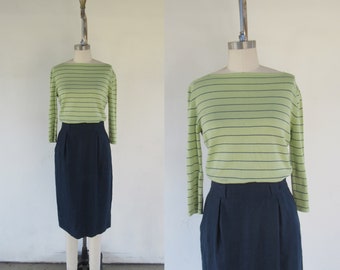 90s Striped Silk Blend Woven 3/4 Sleeve Top | Sweater Blouse | Light Lime Green and Navy Silk Knit Minimal Boatneck  Shirt | XS