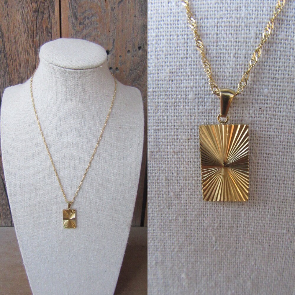 80s 90s Dainty Gold Chain Diamond Cut Fluted Minimal Rectangle Necklace | Geo Charm Chain Necklace | 18" Minimal Necklace