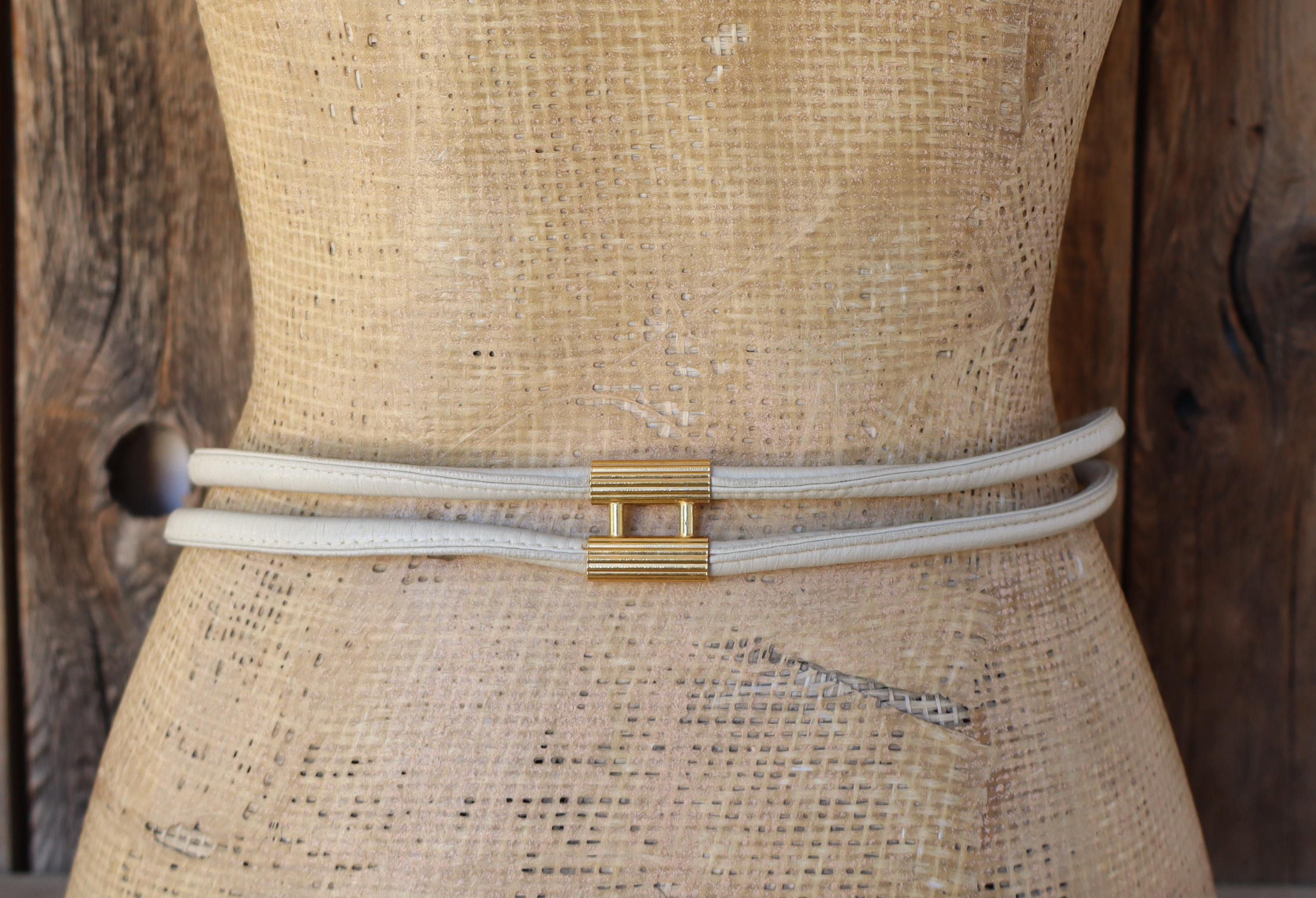80s 90s Beige Leather Cord Belt With Gold Tone Chain Waist 