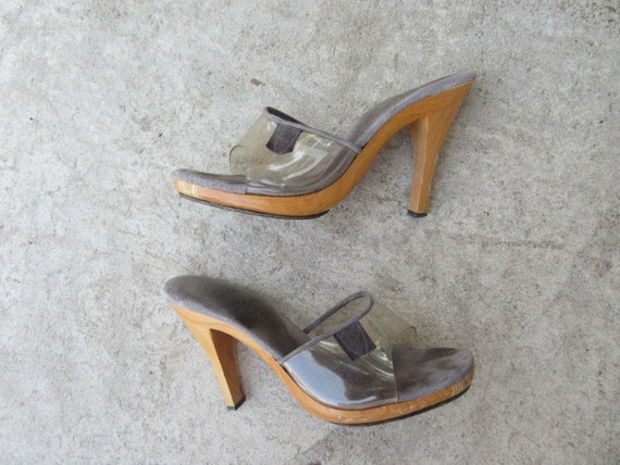 70s Wood Heel Transparent Jelly Slides Sandals Pl… - image 8