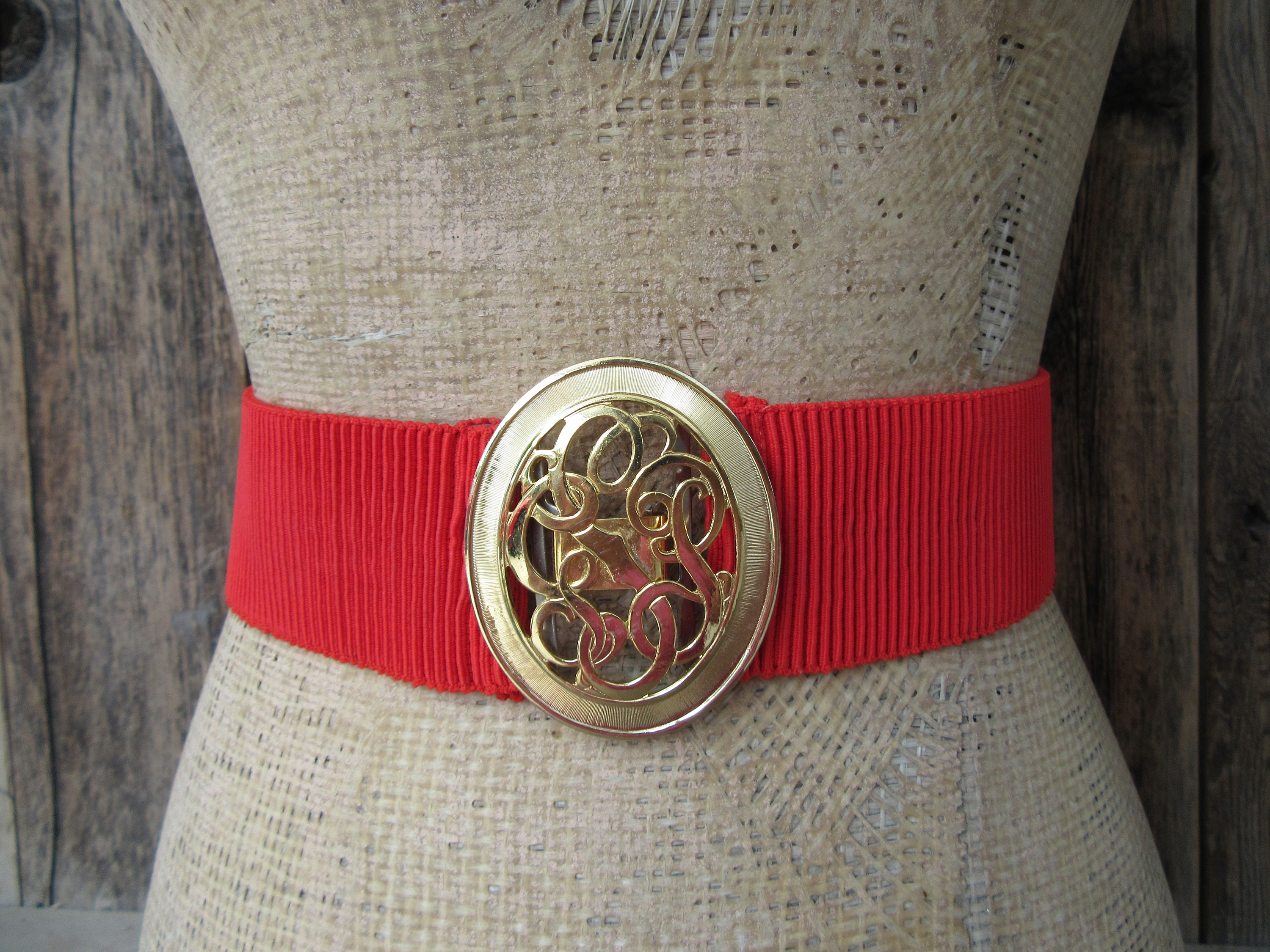 80s Red Wide Waist Belt | Gold Tone Metal Buckle Wide