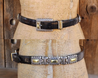 90s BRIGHTON Black Moc Croc Leather Mixed Metal Concho Belt | Southwest Grunge Croco Leather Belt | 27 to 31 | Size M