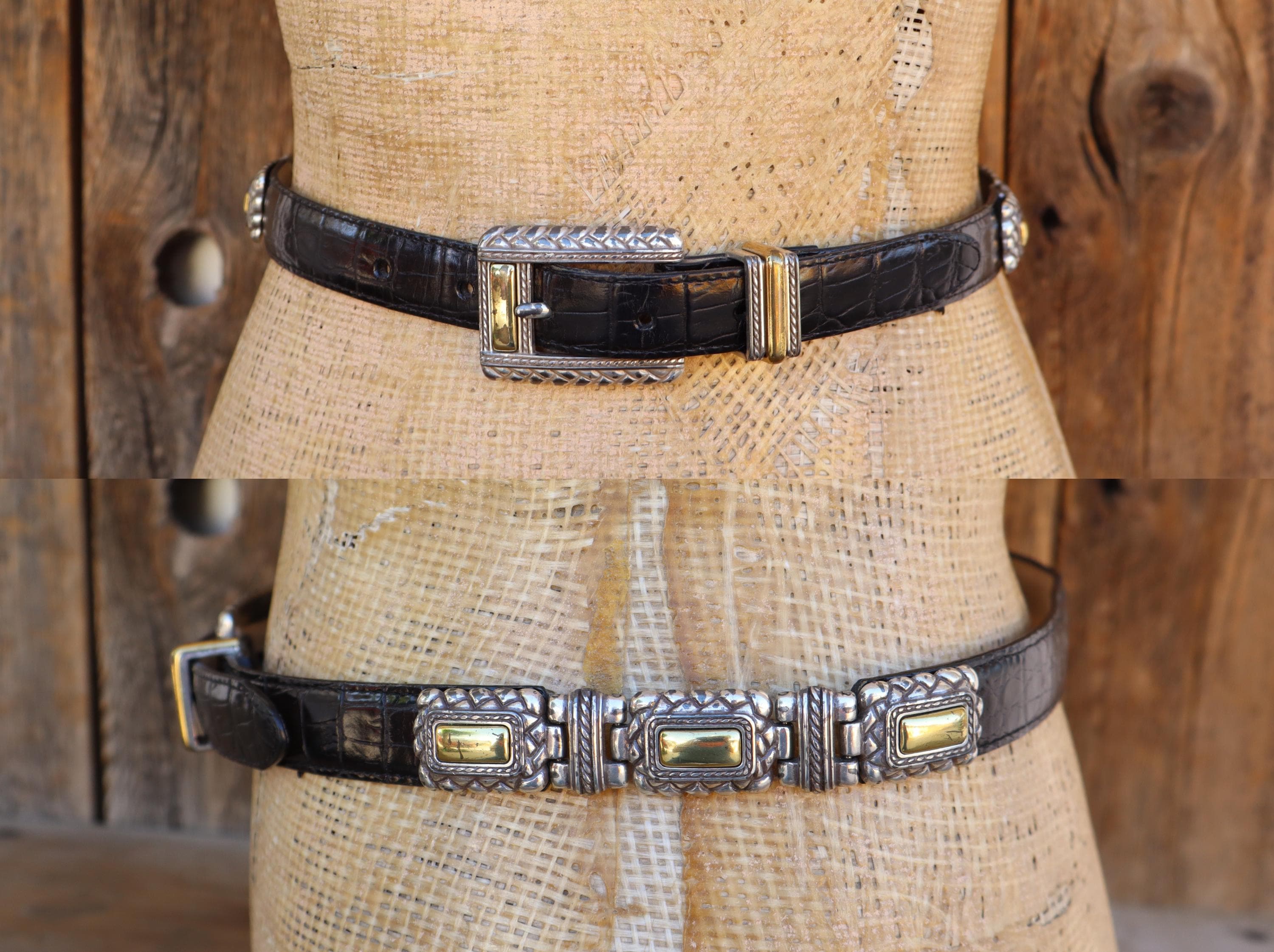 90s BRIGHTON Black Moc Croc Leather Mixed Metal Concho Belt  display picture 1