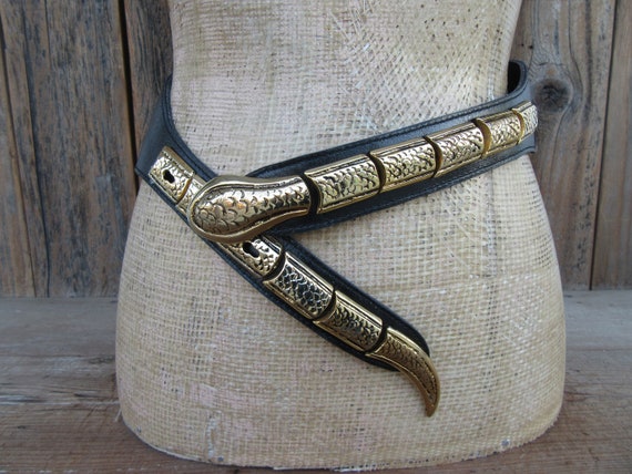 80s Brass and Black Leather Snake Link Belt | Wide