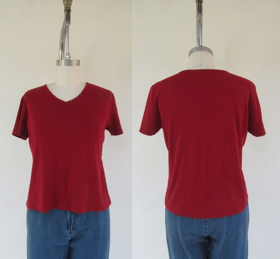 90s Dark Red All Cotton V Neck Tee Shirt | Minima… - image 6