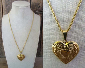 80s 90s Chunky Gold Tone Puff Heart Locket Necklace | Etched Heart Chain Necklace | 18" Heart Necklace | Gold Plated Chain