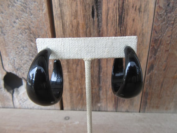 80s Fat Hoop Earrings | Chunky Shiny Black Resin … - image 2