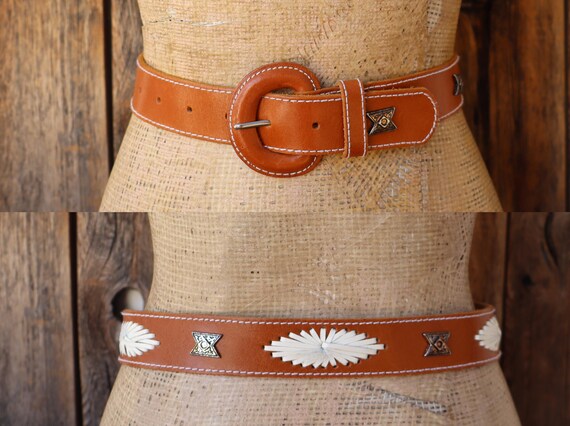 80s 90s Whipstitch Sienna Brown Cognac and White Leather Concho