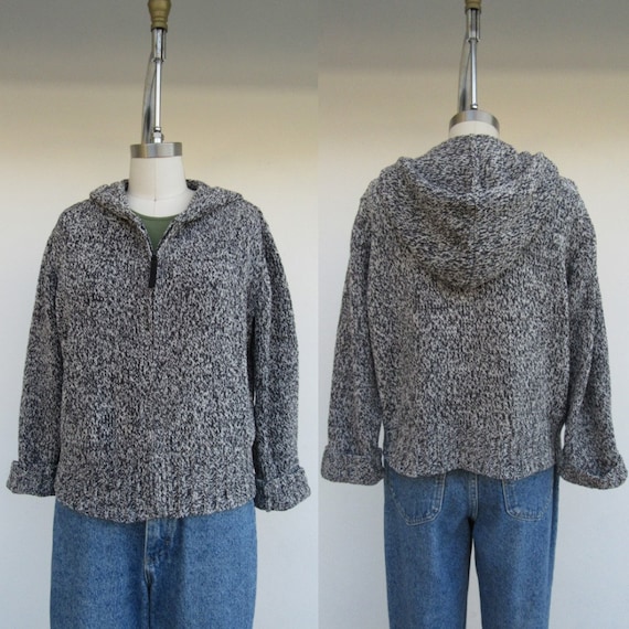 90s Marled Gray Chenille Hooded Sweater | Chenille