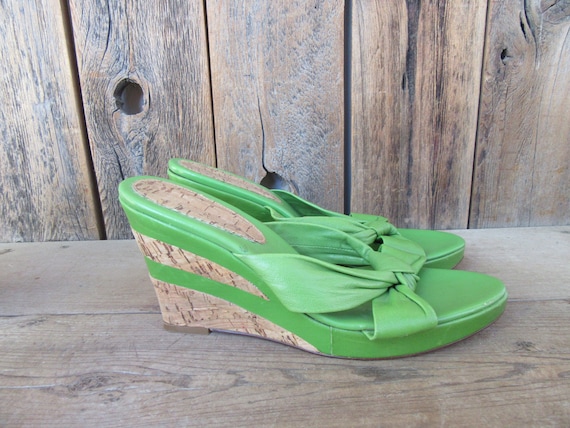 90s Cork Heel Lime Green Leather Platform Mules |… - image 1