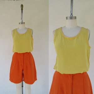 90s Yellow All Silk Tank Top | Sleeveless Silk Top | Silk Singlet | Minimal Silk Blouse Shirt | Silk Shell Top Layering Piece | S