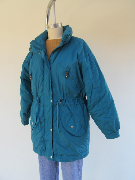 80s 90s Teal Drop Shoulder Puffy Parka | Drawstring Winter