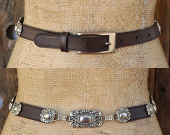 Vtg 90s 80s yellow leather concho belt with a southwestern style buckle set Sz M Vintage MILOR Leather Belt/ Pale Yellow/ Silver Buckle/ Tip  main image 4
