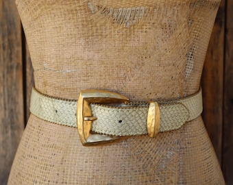 90s Light Gold Vegan Faux Snakeskin Snake BB Trim Belt | 1990s Vintage Trouser Belt | 24.5 to 28.5