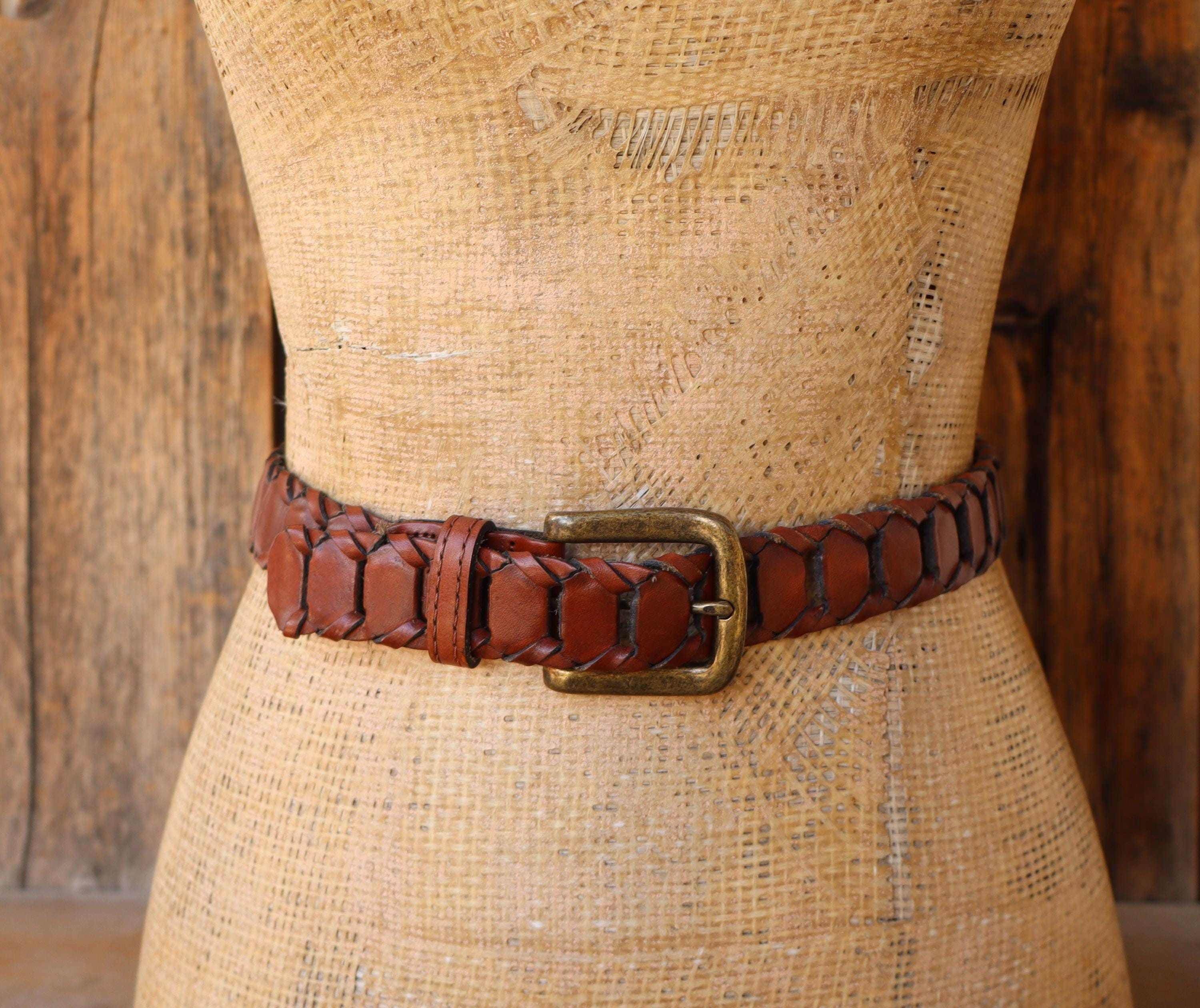 小物 Vintage 90s Braids Design Leather Belt 90s PLUS SIZE Leather Woven Link Trouser Belt | Brown Braided