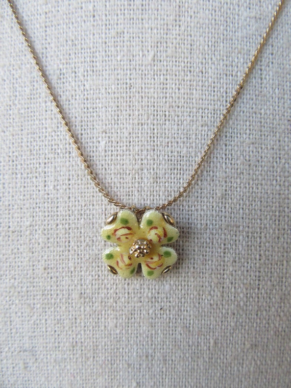80s Yellow Cloisonne Flower Necklace | Gold Chain… - image 3