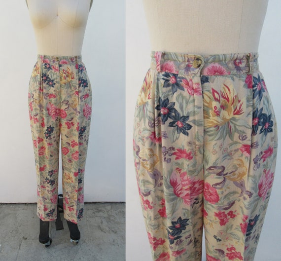 90s Linen Blend Floral Tapered High Waist Pleated Trousers | Cottagecore High Rise Business Casual Minimal Slacks | 26 waist