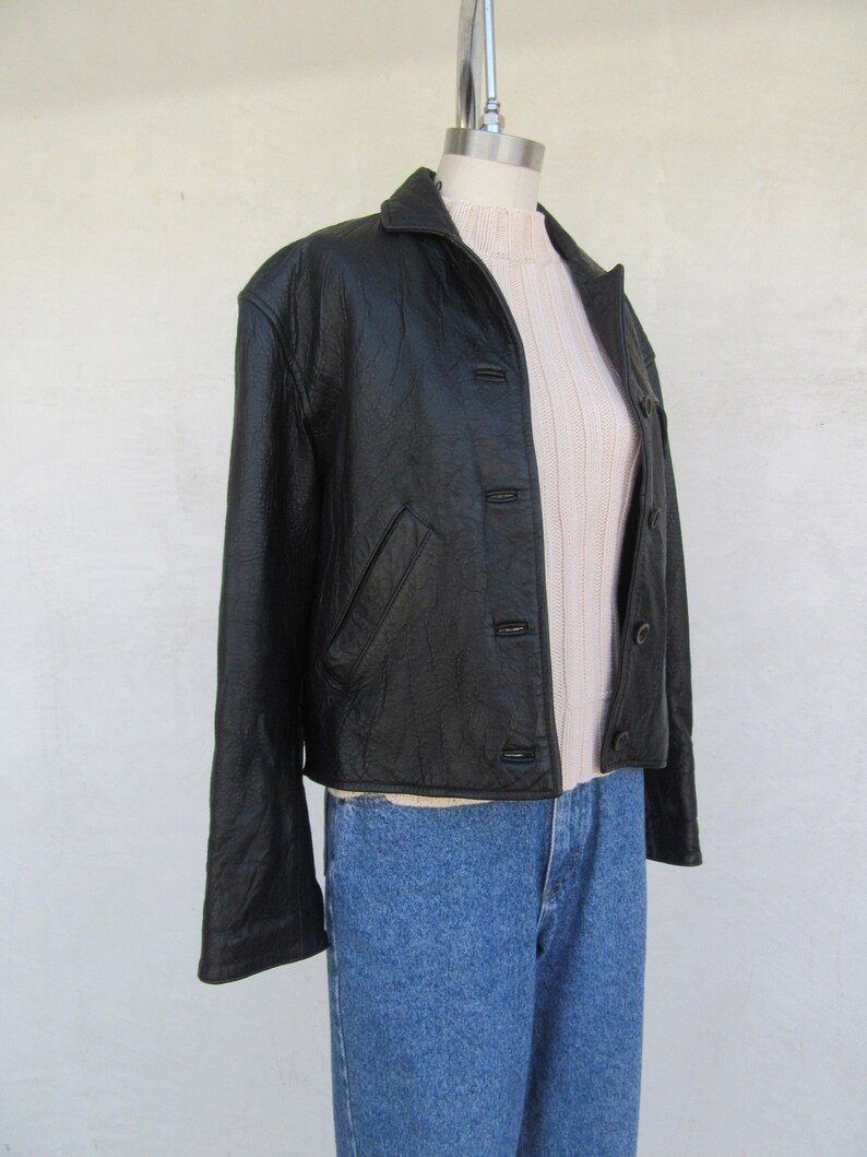 90s Cropped Black Leather Jacket S Ann Taylor Cropped Black Leather Jacket Coat Blazer Duster Minimalist Leather Jacket