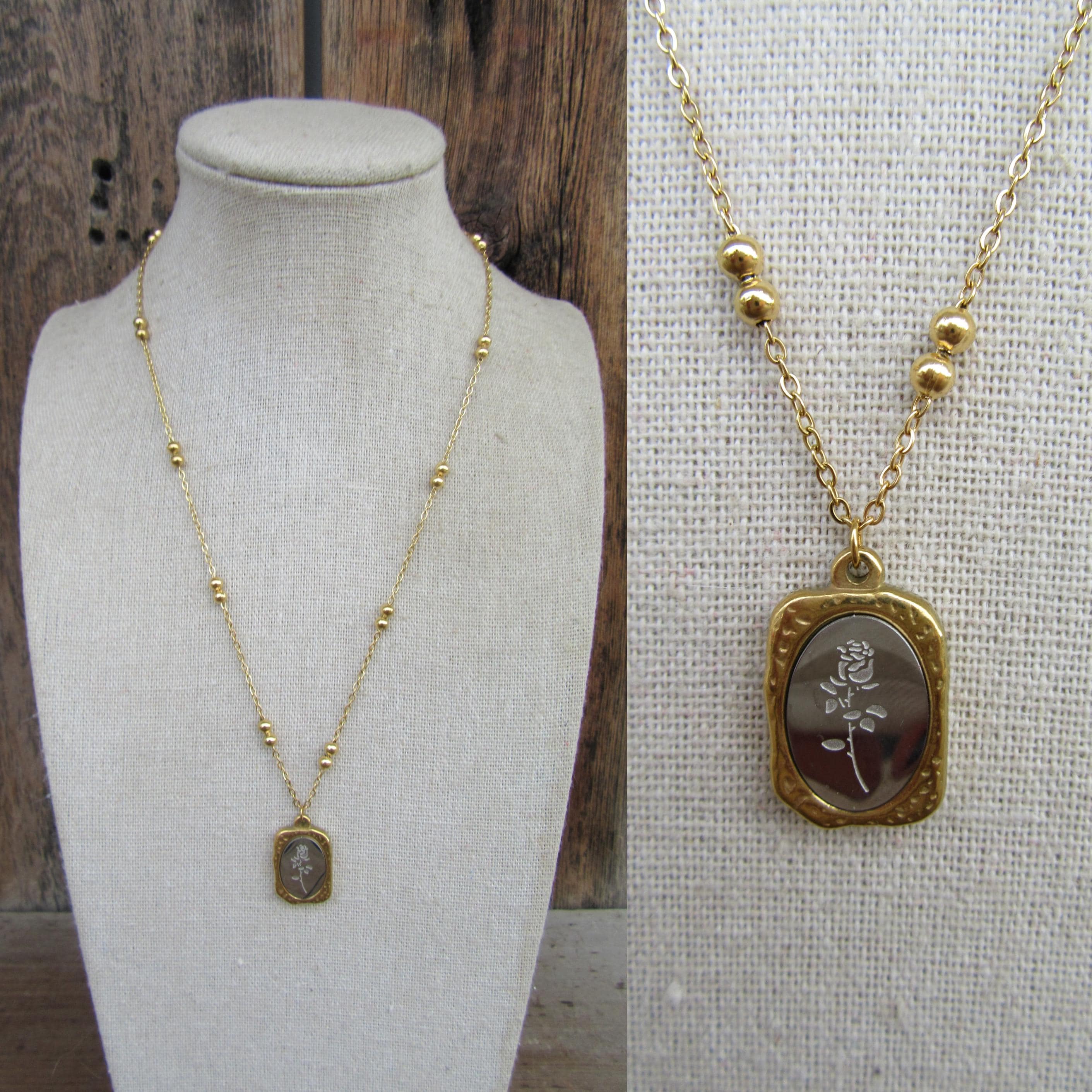 Vintage gold rectangle flower pendant necklace - Etsy 日本