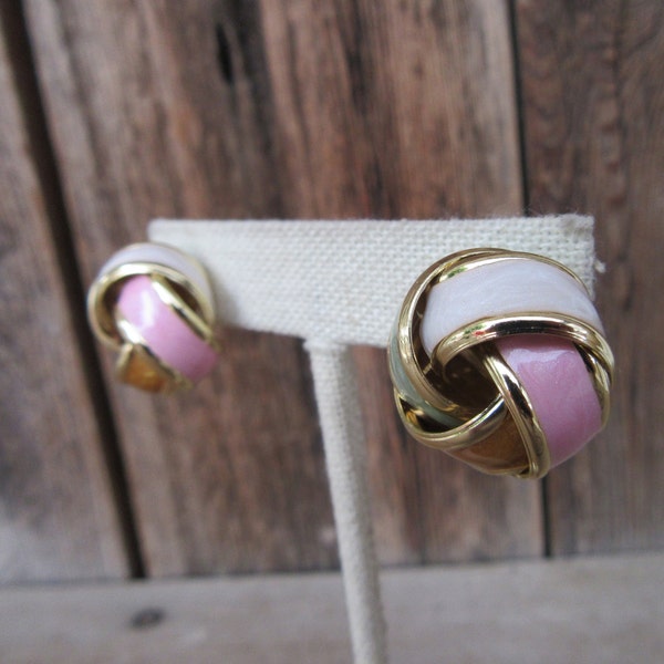 90s Chunky Gold Tone Pastel Enamel Knot Earrings | Statement Earrings | Modernist Pink White Green Olive Brown Earrings