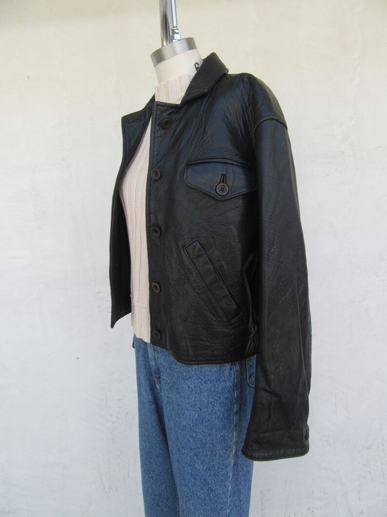 90s Cropped Black Leather Jacket S Ann Taylor Cropped Black Leather Jacket Coat Blazer Duster Minimalist Leather Jacket
