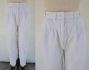 90s Stark White High Waist Pleated Corduroy Trousers | Minimalist Business Casual Slacks | Dark Academia High Rise Pants | 25 Waist