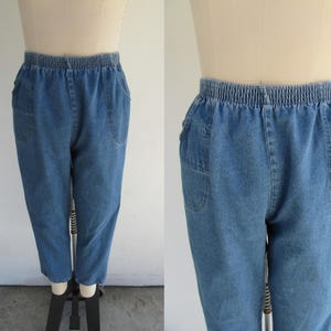 PLUS SIZE 90s Minimalist Denim Cotton Easy Pants | Pull On Mom Pants | High Waist Denim Elastic Waist Pants | Size 16 | 32 to 38