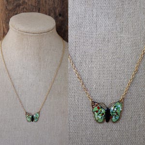80s Gold Chain Necklace | Small Green Cloisonne Butterfly Necklace | Statement Jewelry | 70s Necklace