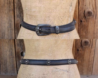 Smalle leren skinny riem uit de jaren 90 Brighton | Southwest zwarte leren broekriem | Brighton-riem maat medium | 27,5 tot 31,5